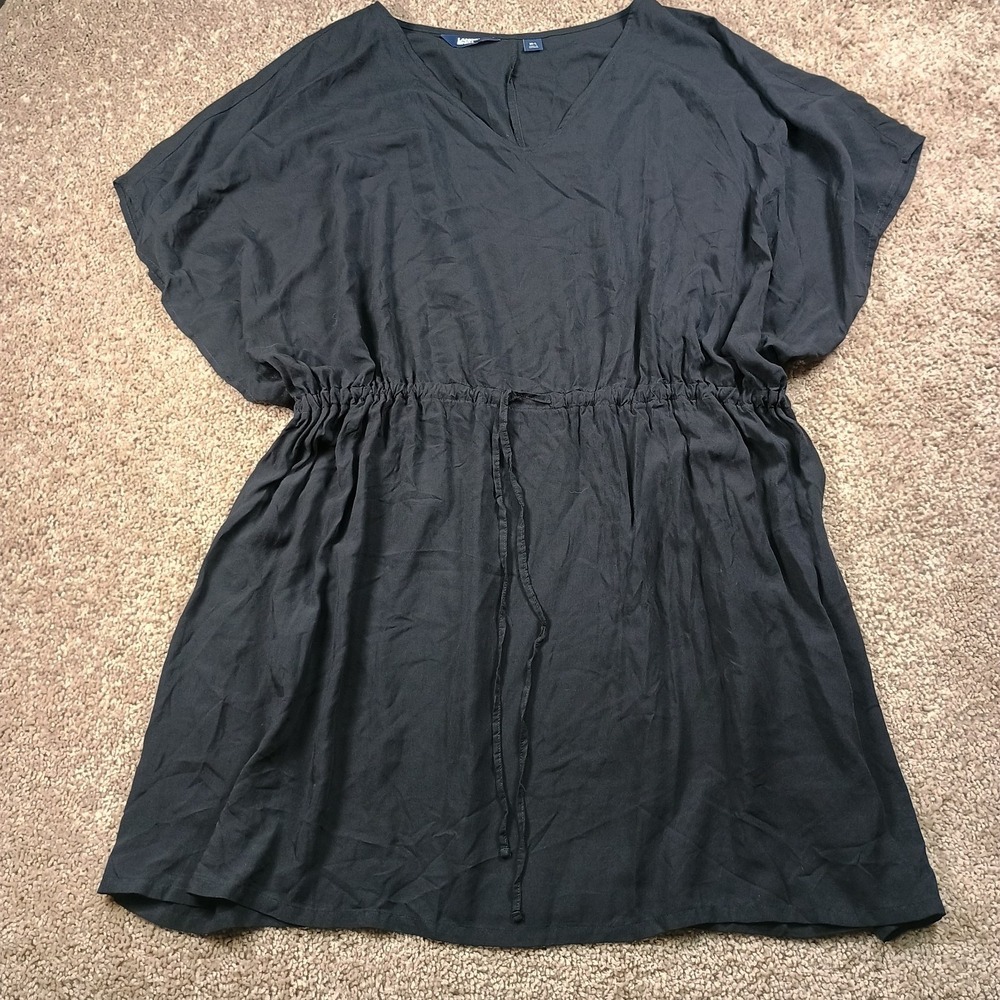 Lands End Black Cover Loose Flowy Dress Modal tie Cinch Lightweight V Neck M-L